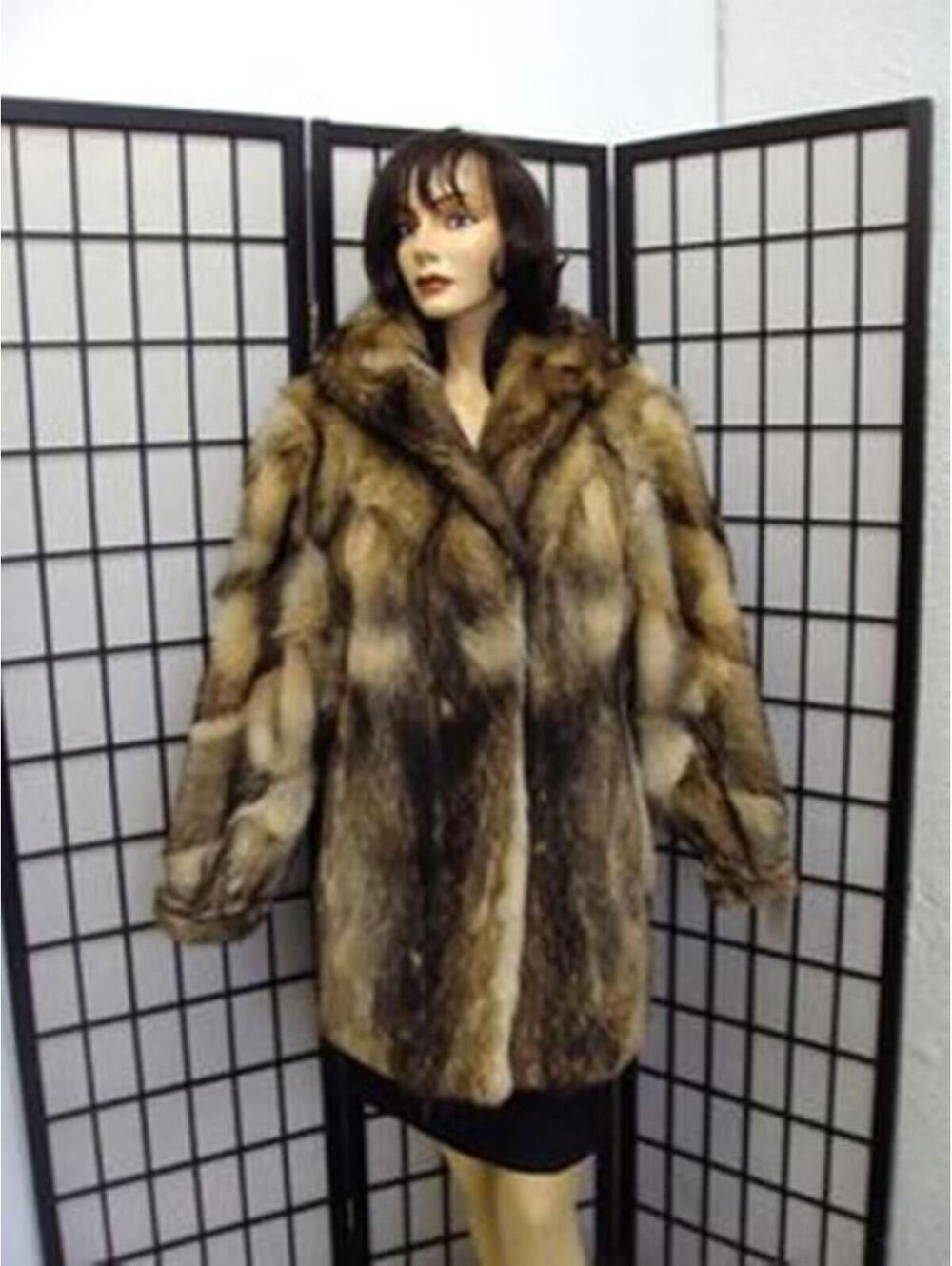 ! MINT NATURAL RACCOON RACOON FUR JACKET COAT WOMEN WOMAN SIZE 12-14 LARGE